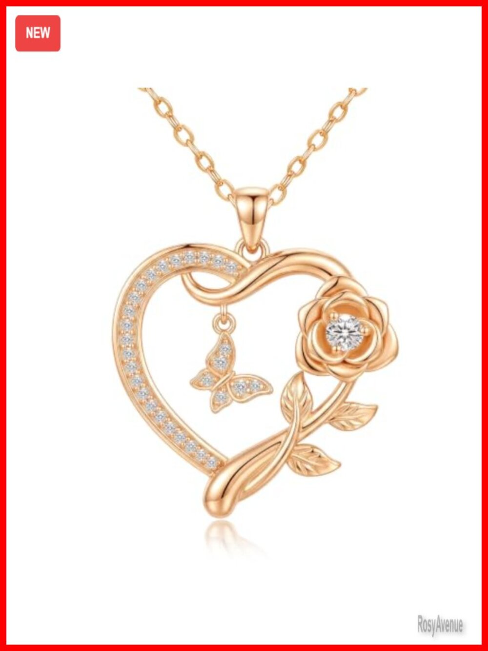 18K Rose Gold Heart Butterfly Pendant Necklace